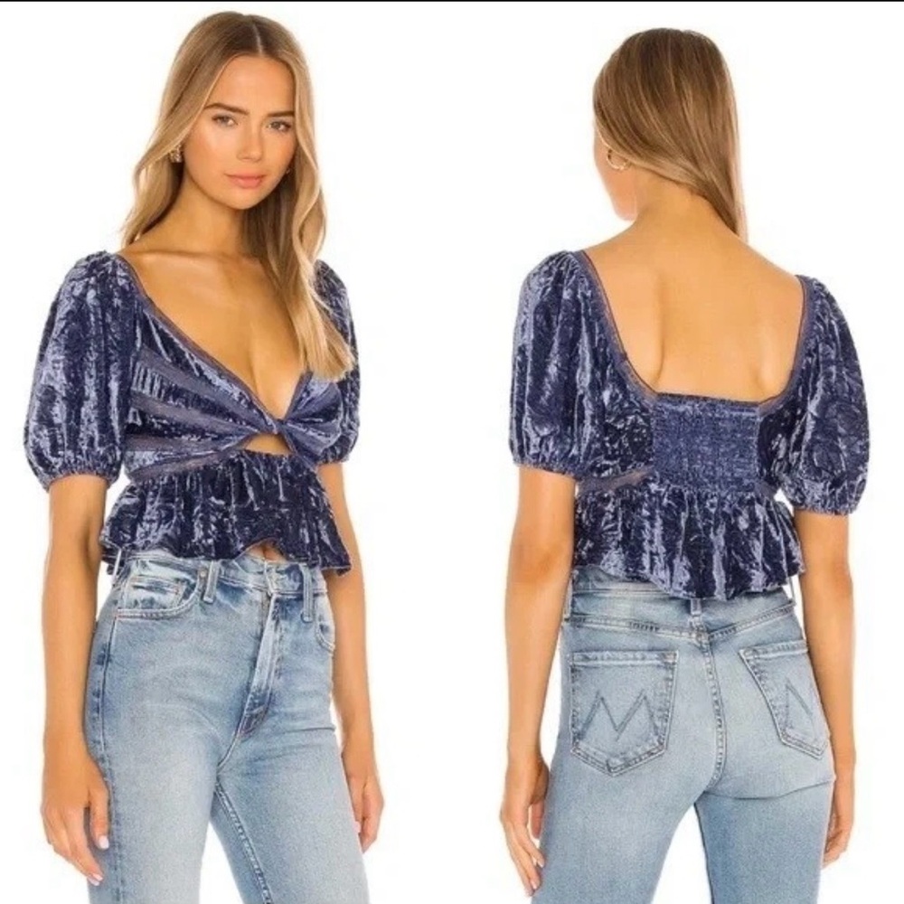 Free People Yours Truly Blue Velvet Peplum Crop Blouse Top Size L